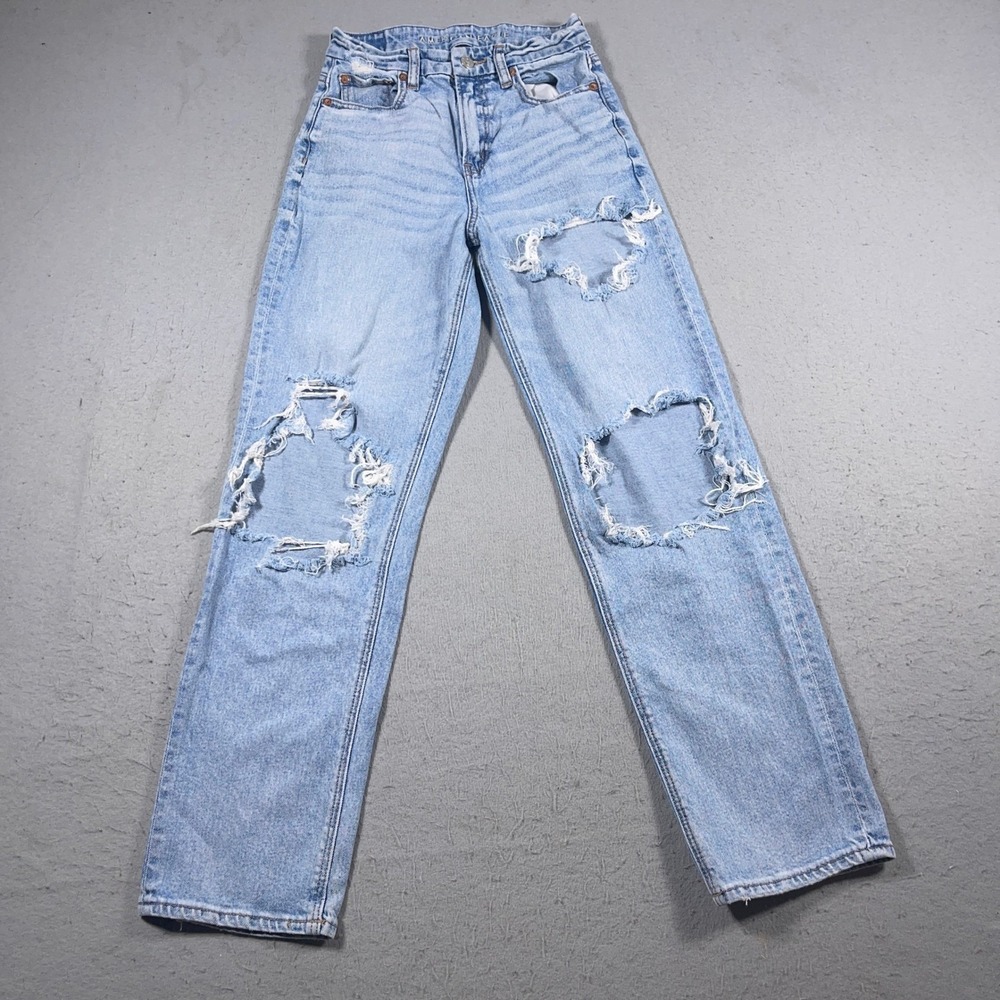 American Eagle Curvy Mom Jeans Women Size 0 Straight Leg Distressed Ripped Denim